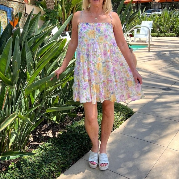 Floral Tassel Tie Mini Dress Multicolored Sheer Lined Tiered Shimmery - Picture 2 of 14